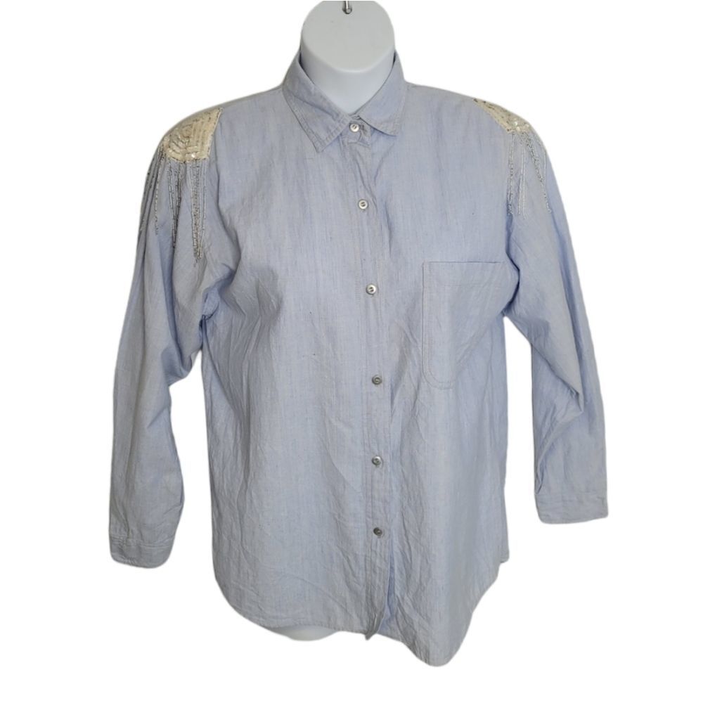 VINTAGE 80s sequined beaded fringe denim western button up shirt M